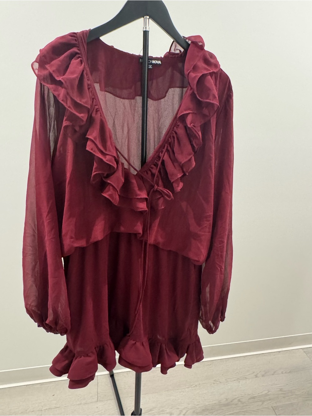 Fashion Nova Burgundy Ruffle Tie-Neck Blouse